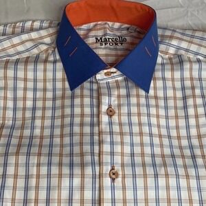 Marcello Sport Button Down Shirt Mens‎ Medium Plaid Contrast Collar Long Sleeve